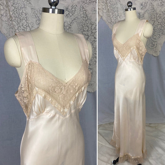 Vintage 1940's Nightgown | Warm Ivory Rose Rayon Satin with Floral Lace & Woven Silk Ribbon | Size S, M | Ro Jene - Daggers & Dames