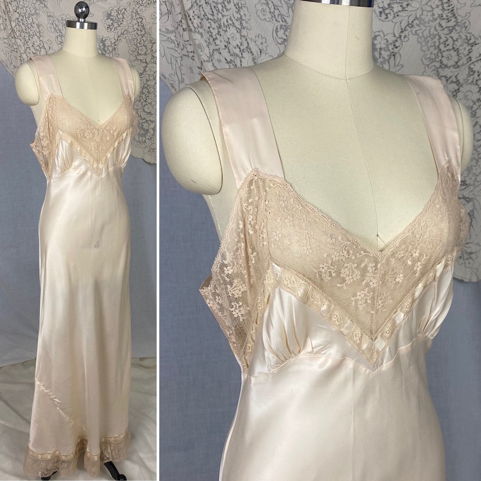 Vintage 1940's Nightgown | Warm Ivory Rose Rayon Satin with Floral Lace & Woven Silk Ribbon | Size S, M | Ro Jene - Daggers & Dames