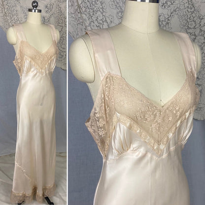Vintage 1940's Nightgown | Warm Ivory Rose Rayon Satin with Floral Lace & Woven Silk Ribbon | Size S, M | Ro Jene - Daggers & Dames