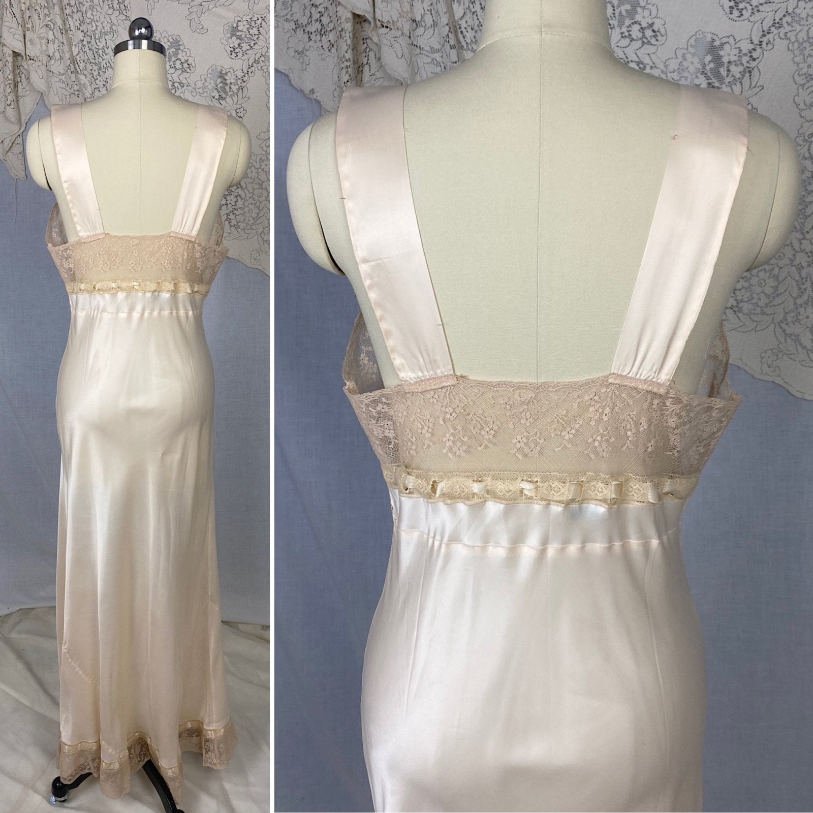 Vintage 1940's Nightgown | Warm Ivory Rose Rayon Satin with Floral Lace & Woven Silk Ribbon | Size S, M | Ro Jene - Daggers & Dames