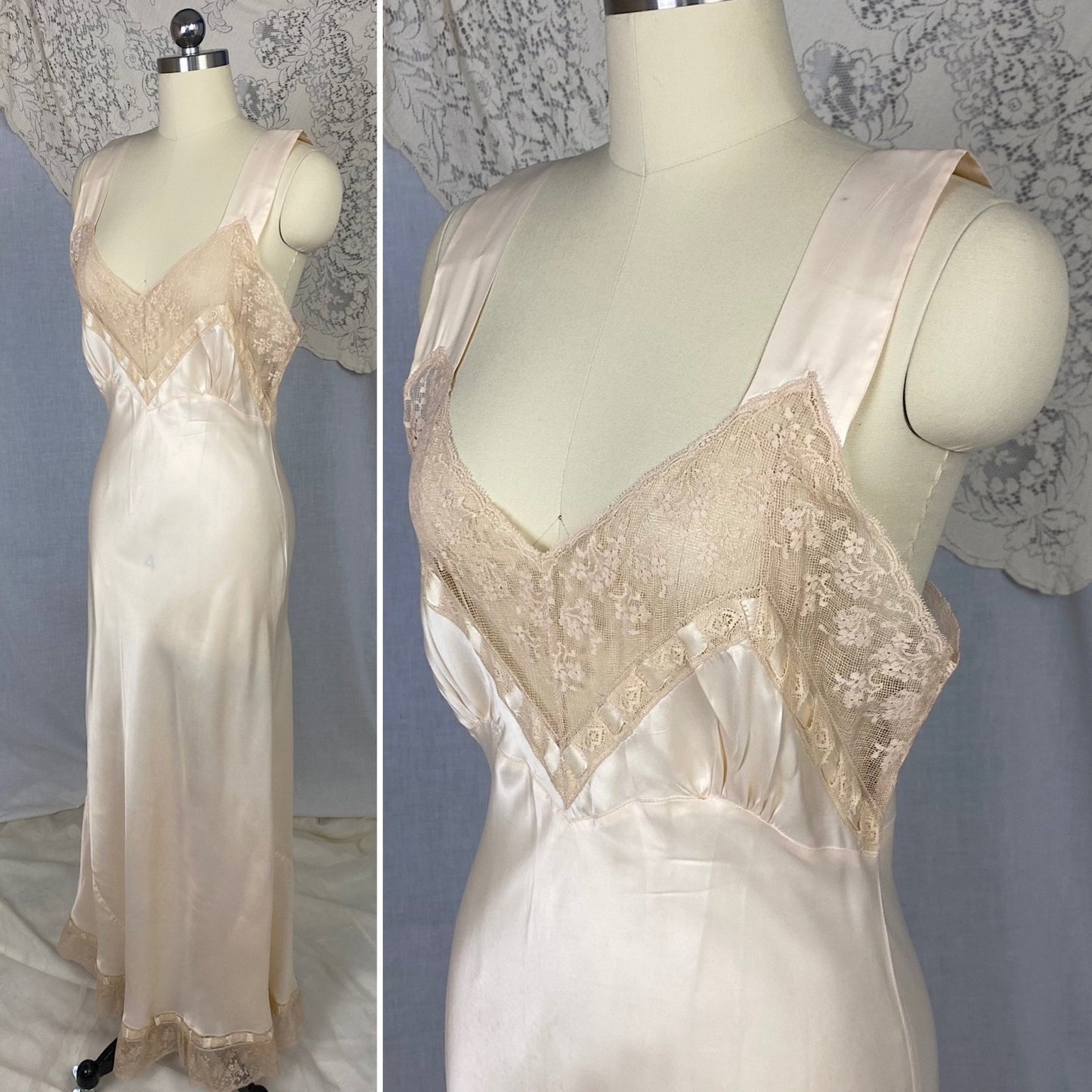Vintage 1940's Nightgown | Warm Ivory Rose Rayon Satin with Floral Lace & Woven Silk Ribbon | Size S, M | Ro Jene - Daggers & Dames