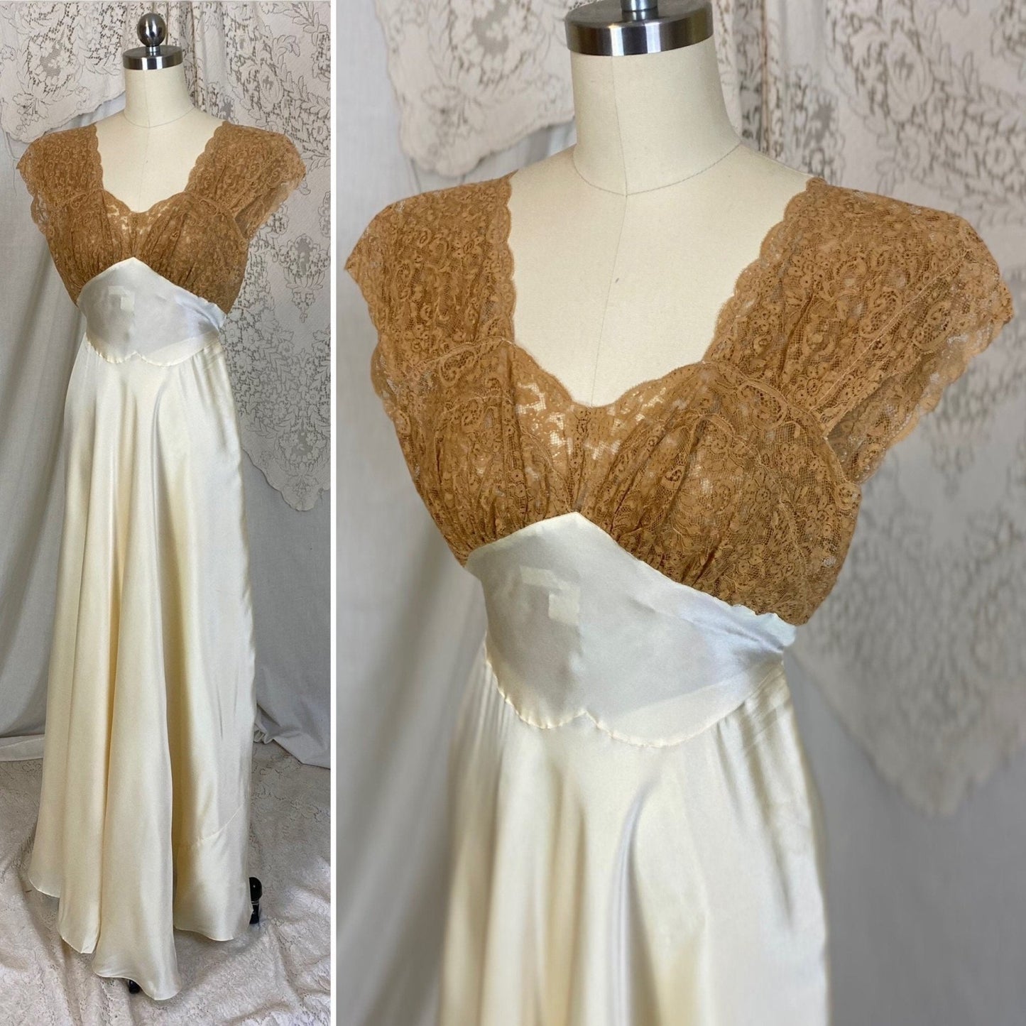 Vintage 1940's Nightgown | Warm Ivory Silk with Deep Tan Floral Lace | Size XXS, XS | Fischer Lingerie - Daggers & Dames