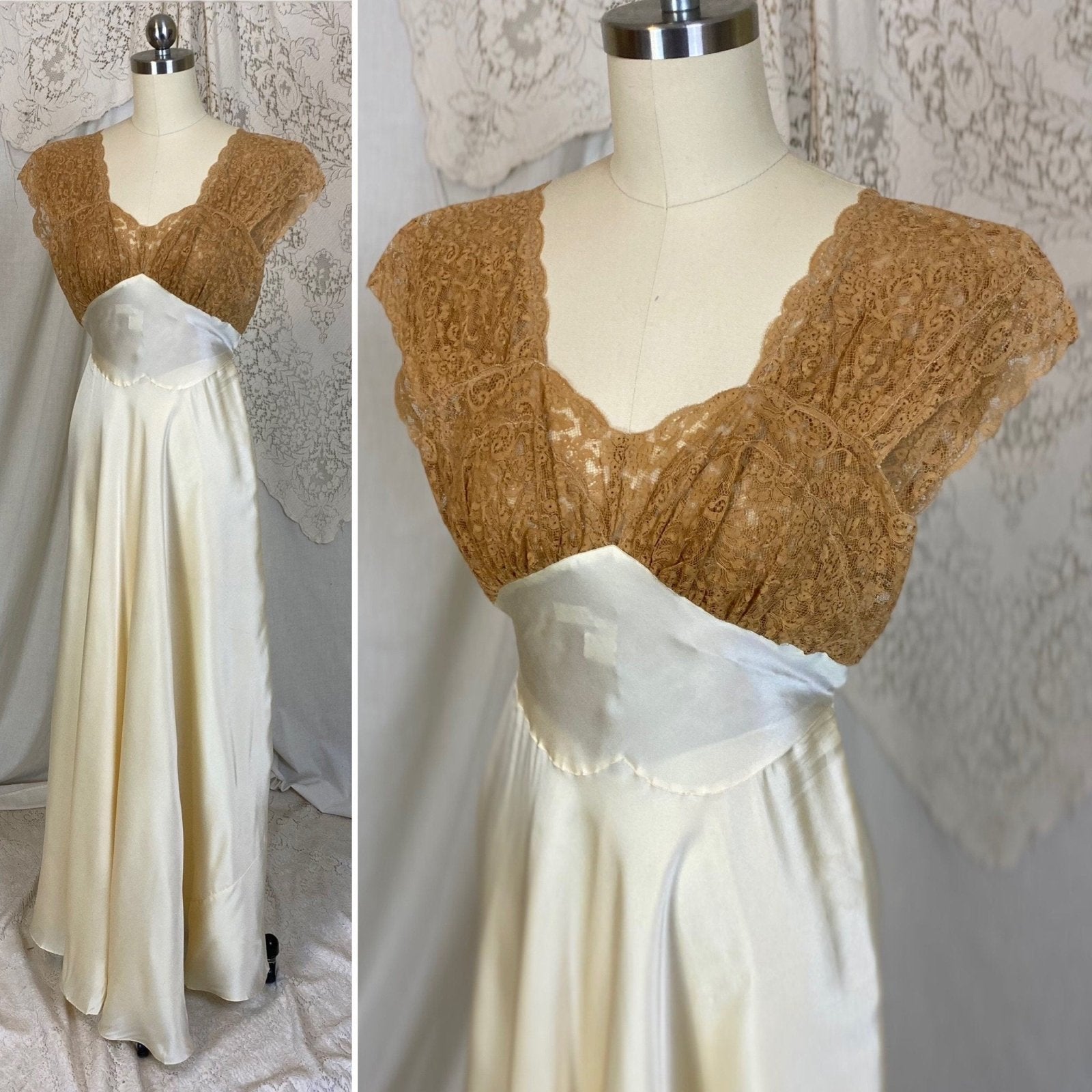 Vintage 1940's Nightgown | Warm Ivory Silk with Deep Tan Floral Lace | Size XXS, XS | Fischer Lingerie - Daggers & Dames