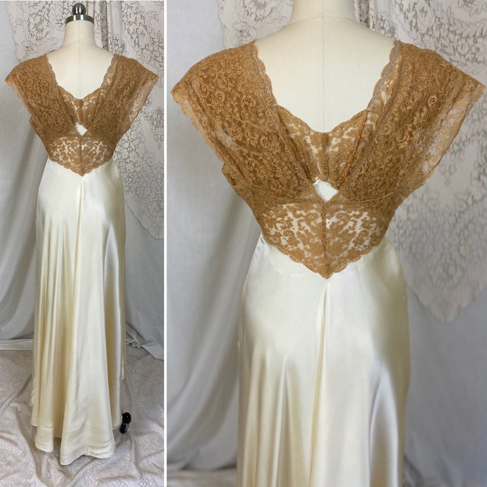 Vintage 1940's Nightgown | Warm Ivory Silk with Deep Tan Floral Lace | Size XXS, XS | Fischer Lingerie - Daggers & Dames
