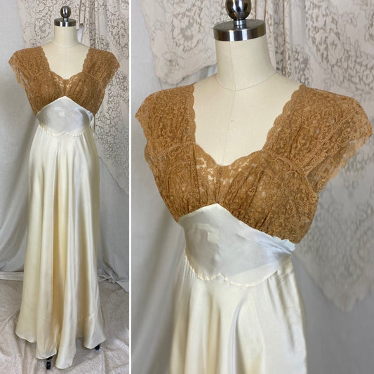 Vintage 1940's Nightgown | Warm Ivory Silk with Deep Tan Floral Lace | Size XXS, XS | Fischer Lingerie - Daggers & Dames