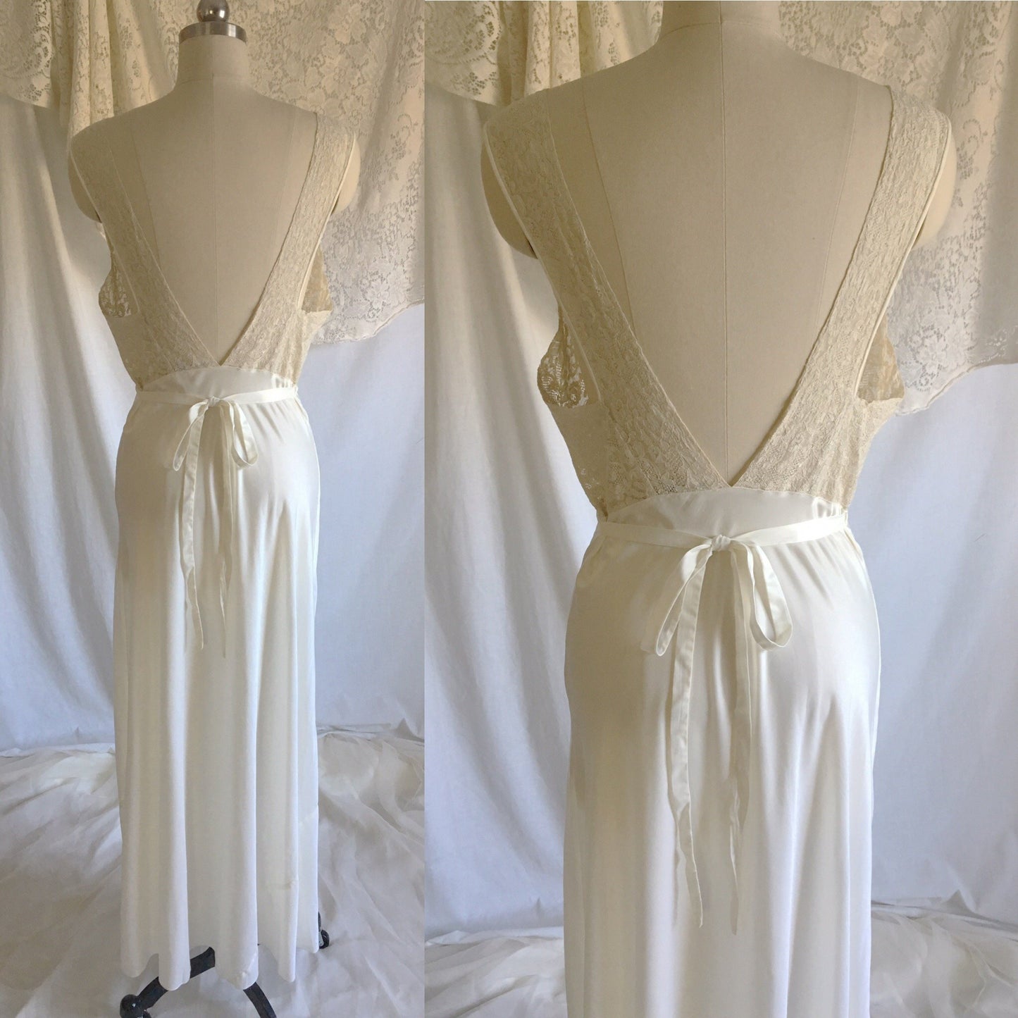 Vintage 1940's Nightgown | White DuPont Nylon Satin with Lace & Leaf Appliques | Chevette | Size M - Daggers & Dames