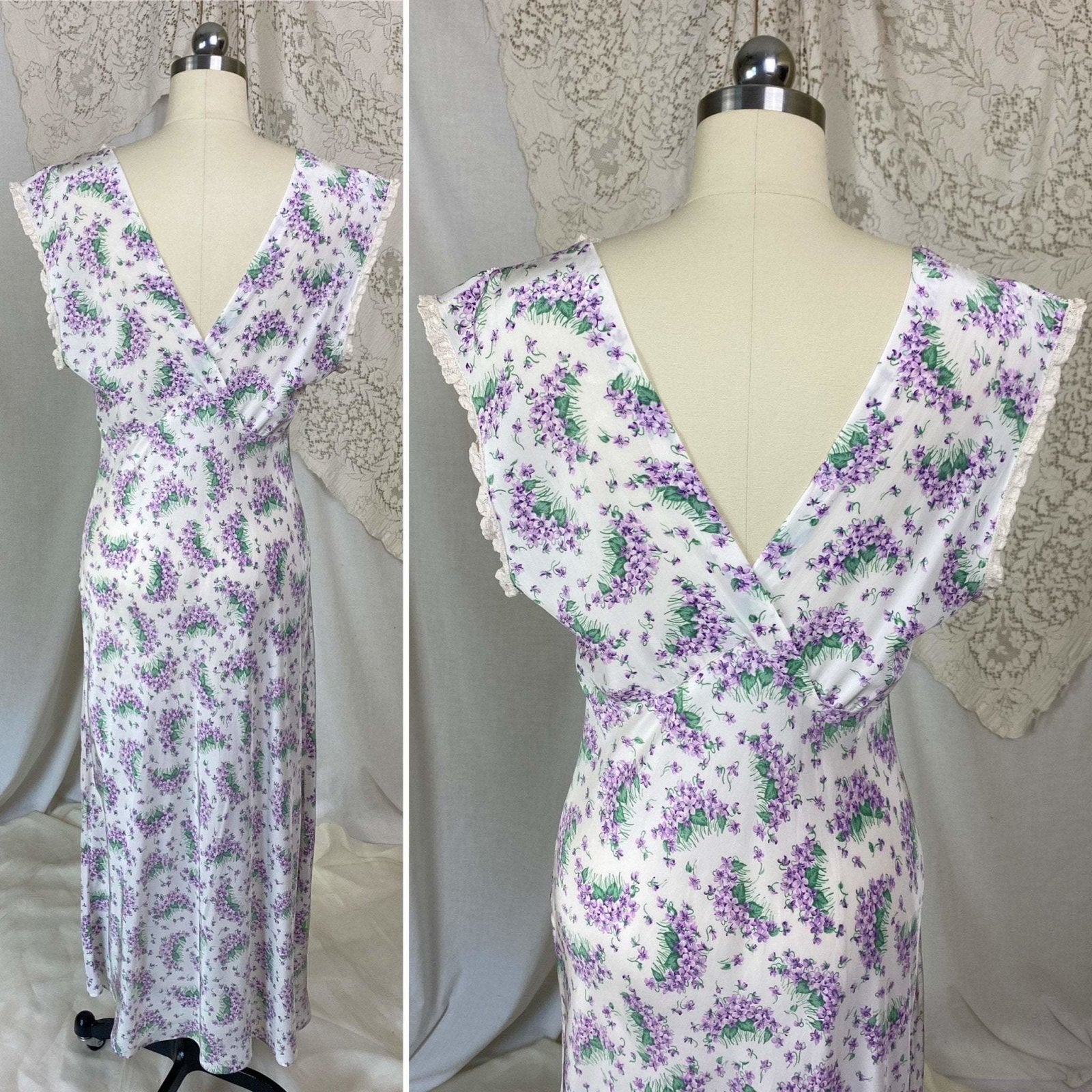 Vintage 1940's Nightgown | White rayon with Purple Lilac Floral Print | Size XS, S | Textron - Daggers & Dames
