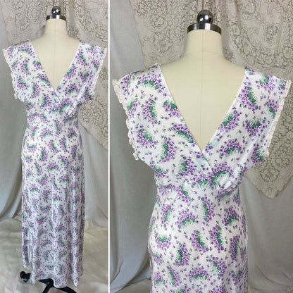 Vintage 1940's Nightgown | White rayon with Purple Lilac Floral Print | Size XS, S | Textron - Daggers & Dames