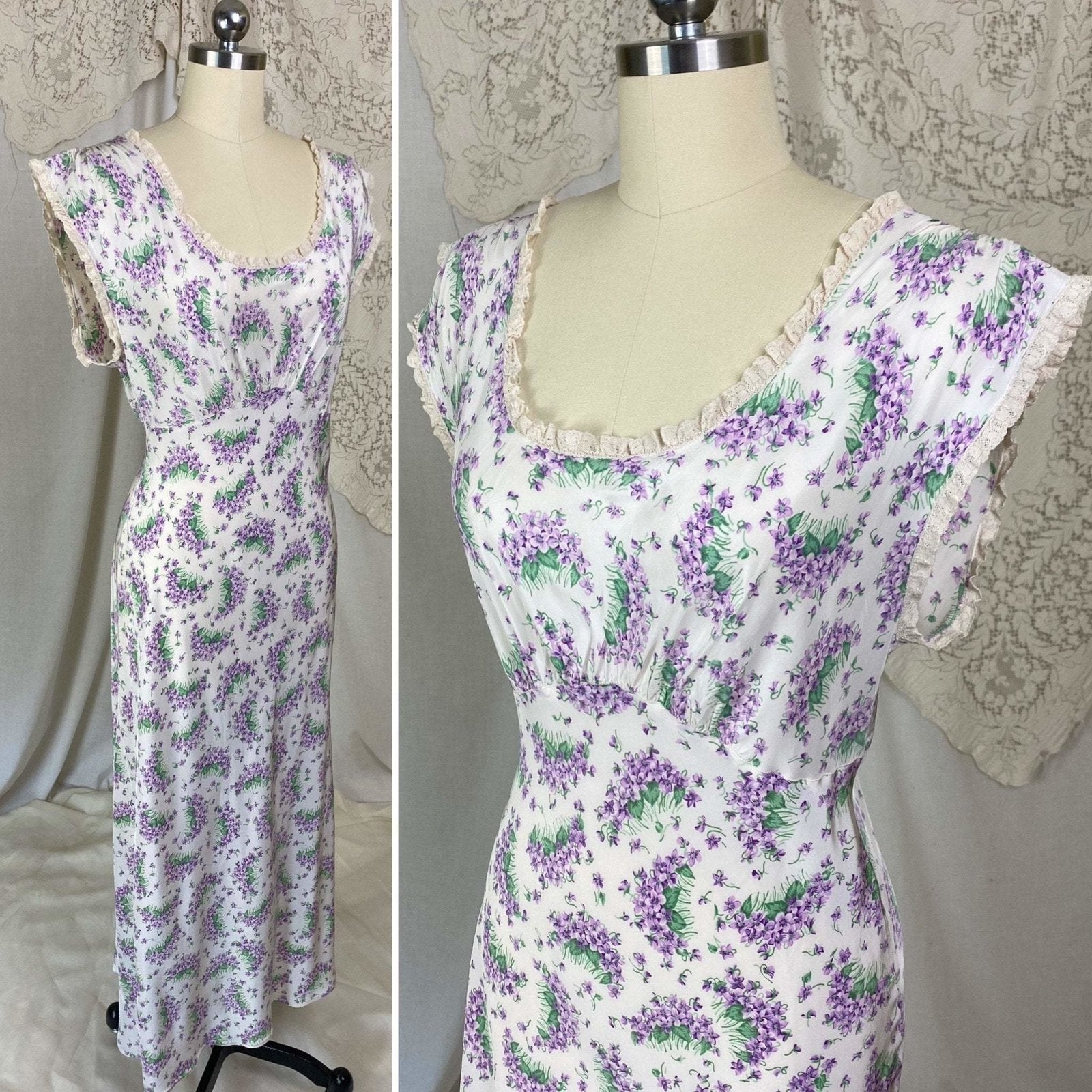Vintage 1940's Nightgown | White rayon with Purple Lilac Floral Print | Size XS, S | Textron - Daggers & Dames