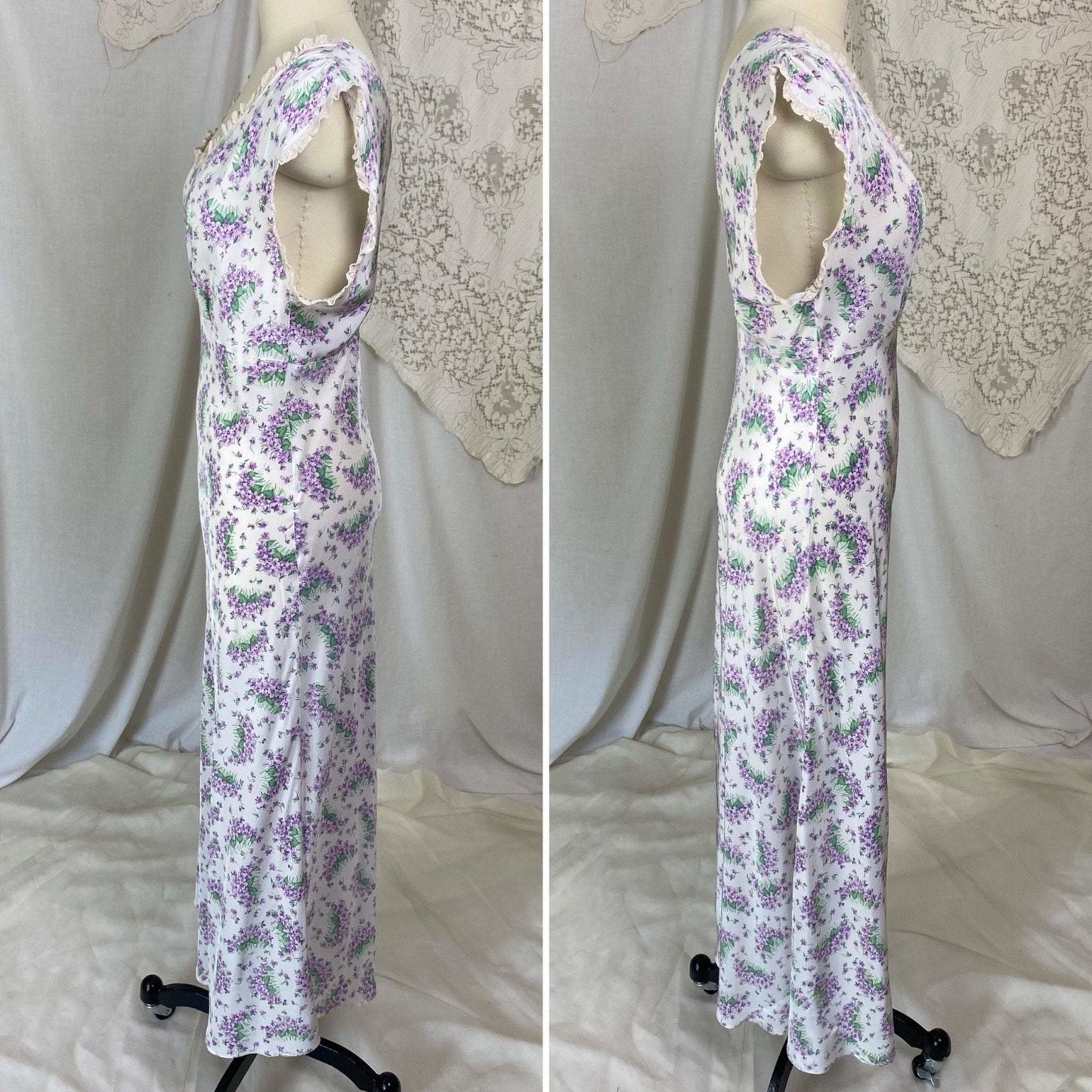 Vintage 1940's Nightgown | White rayon with Purple Lilac Floral Print | Size XS, S | Textron - Daggers & Dames
