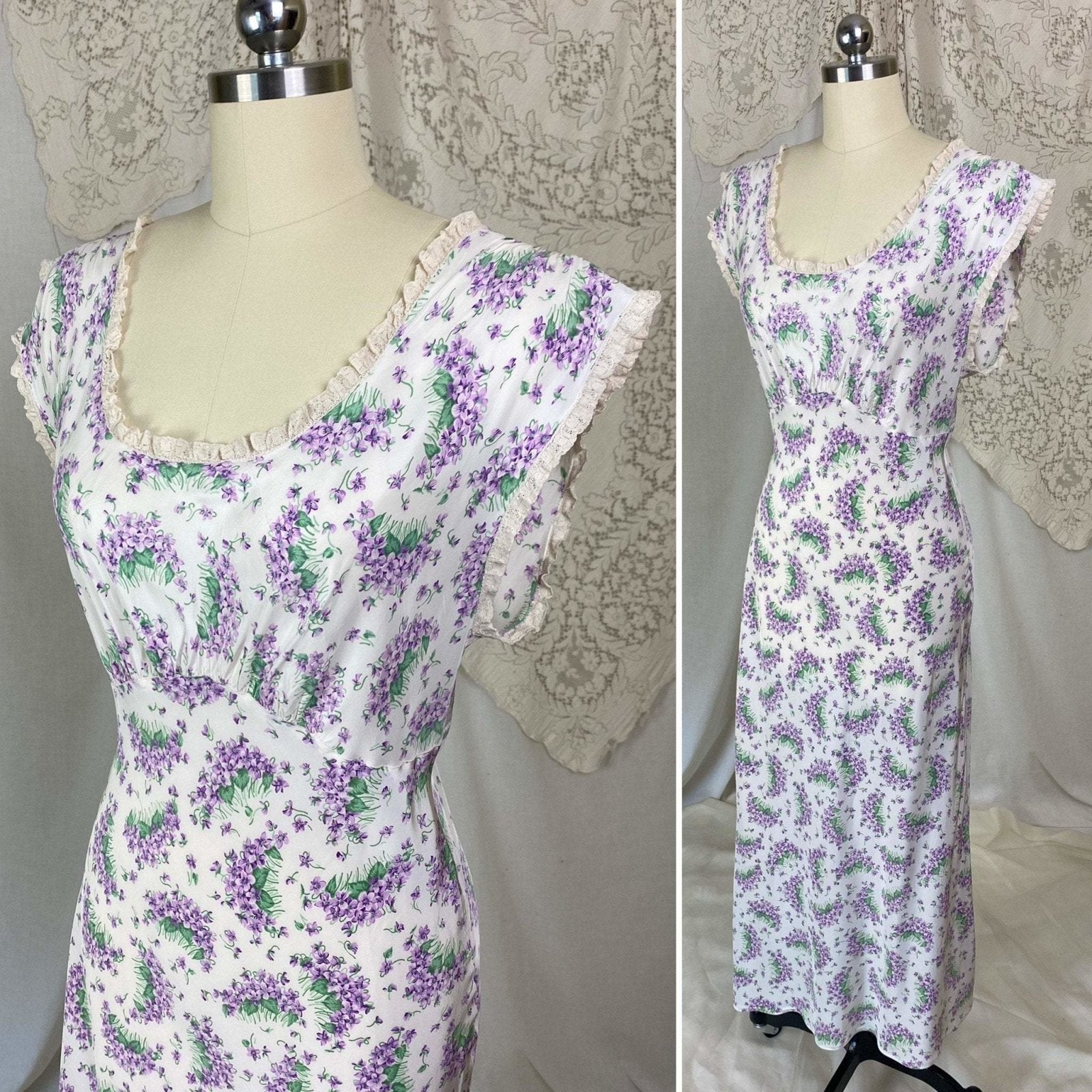 Vintage 1940's Nightgown | White rayon with Purple Lilac Floral Print | Size XS, S | Textron - Daggers & Dames