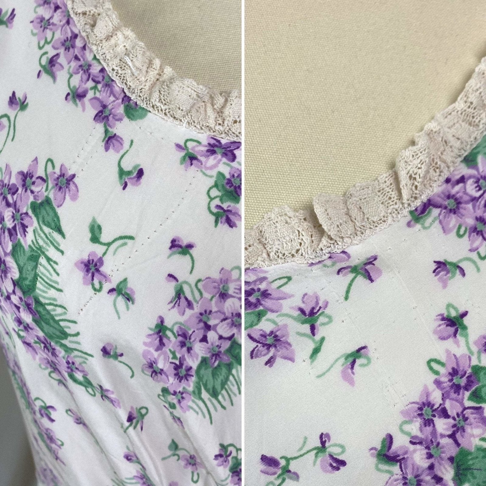 Vintage 1940's Nightgown | White rayon with Purple Lilac Floral Print | Size XS, S | Textron - Daggers & Dames