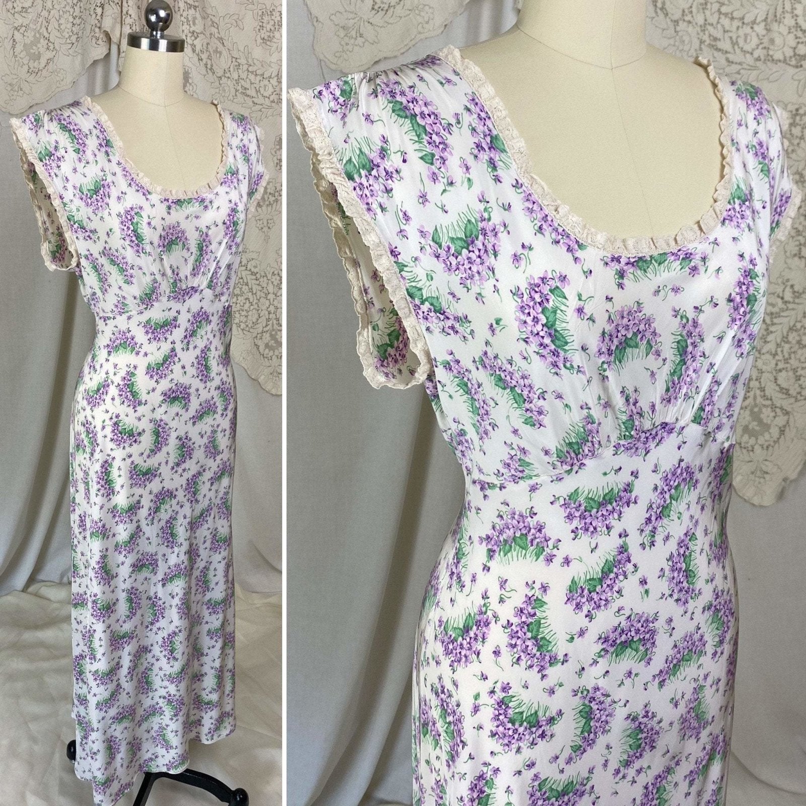 Vintage 1940's Nightgown | White rayon with Purple Lilac Floral Print | Size XS, S | Textron - Daggers & Dames
