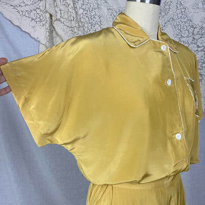 Vintage 1940's Pajama Set | Gold Hue Rayon Crepe with White Embroidery | Size S, M | Miss Elaine -New with Tags & Original Gift Box - Daggers & Dames
