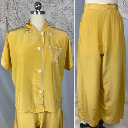 Vintage 1940's Pajama Set | Gold Hue Rayon Crepe with White Embroidery | Size S, M | Miss Elaine -New with Tags & Original Gift Box - Daggers & Dames