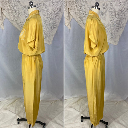 Vintage 1940's Pajama Set | Gold Hue Rayon Crepe with White Embroidery | Size S, M | Miss Elaine -New with Tags & Original Gift Box - Daggers & Dames