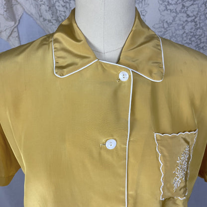Vintage 1940's Pajama Set | Gold Hue Rayon Crepe with White Embroidery | Size S, M | Miss Elaine -New with Tags & Original Gift Box - Daggers & Dames