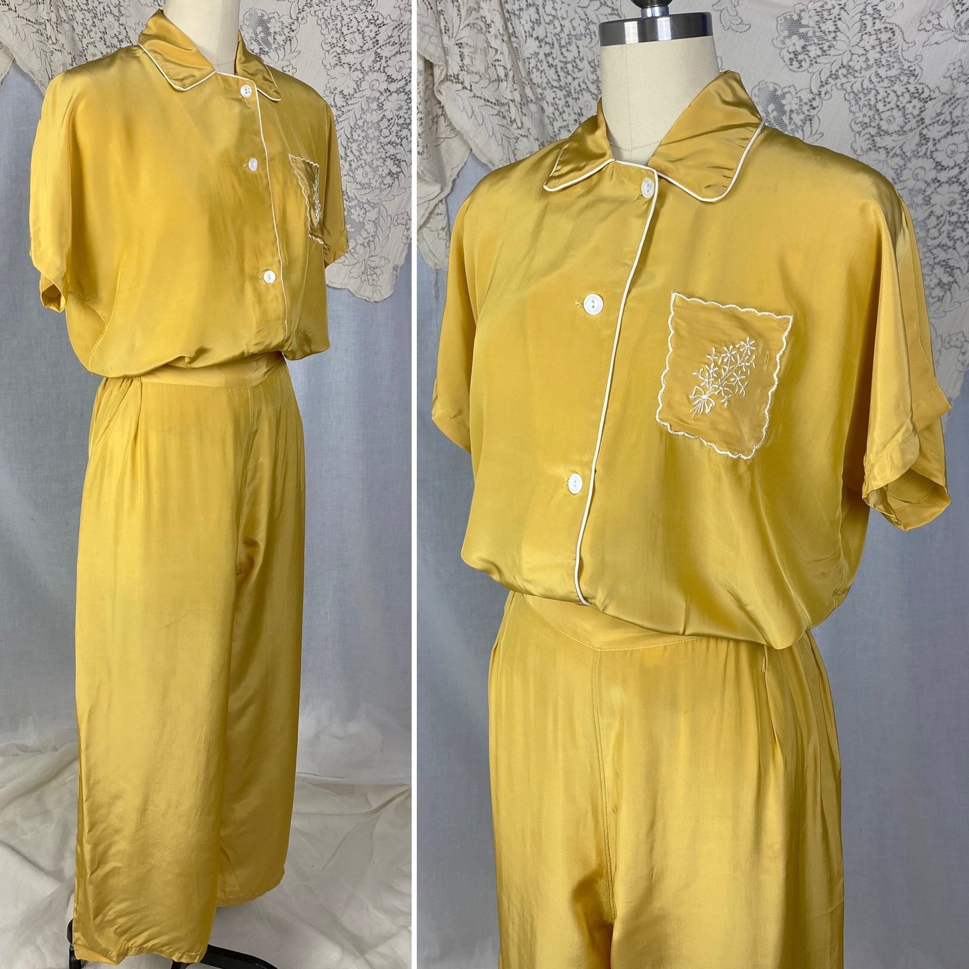 Vintage 1940's Pajama Set | Gold Hue Rayon Crepe with White Embroidery | Size S, M | Miss Elaine -New with Tags & Original Gift Box - Daggers & Dames