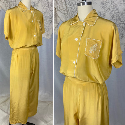 Vintage 1940's Pajama Set | Gold Hue Rayon Crepe with White Embroidery | Size S, M | Miss Elaine -New with Tags & Original Gift Box - Daggers & Dames