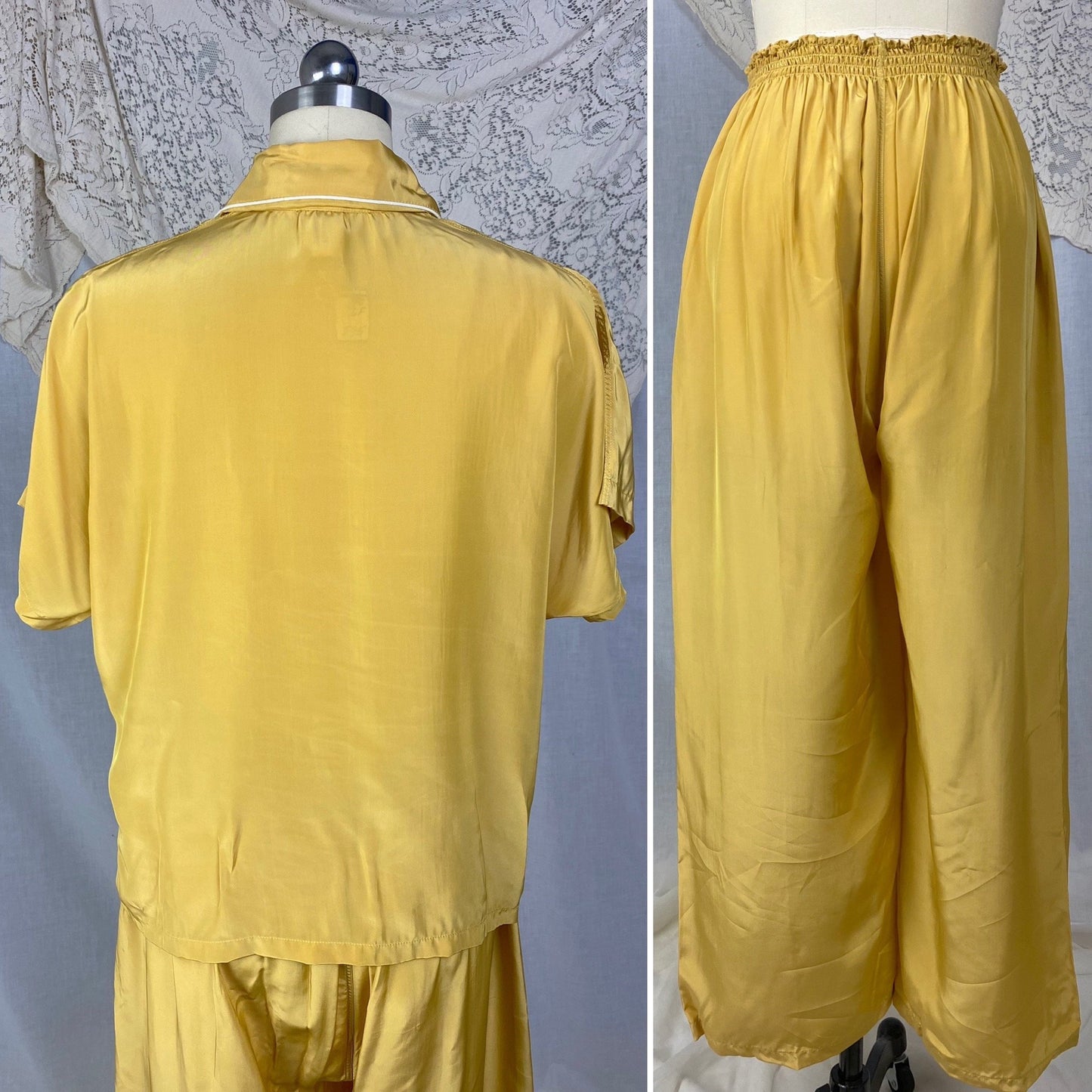 Vintage 1940's Pajama Set | Gold Hue Rayon Crepe with White Embroidery | Size S, M | Miss Elaine -New with Tags & Original Gift Box - Daggers & Dames