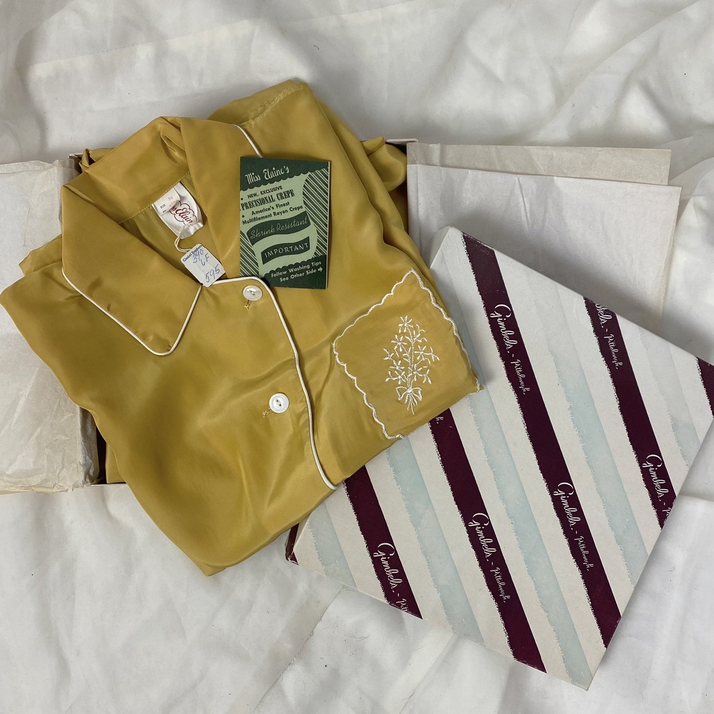Vintage 1940's Pajama Set | Gold Hue Rayon Crepe with White Embroidery | Size S, M | Miss Elaine -New with Tags & Original Gift Box - Daggers & Dames