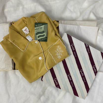 Vintage 1940's Pajama Set | Gold Hue Rayon Crepe with White Embroidery | Size S, M | Miss Elaine -New with Tags & Original Gift Box - Daggers & Dames