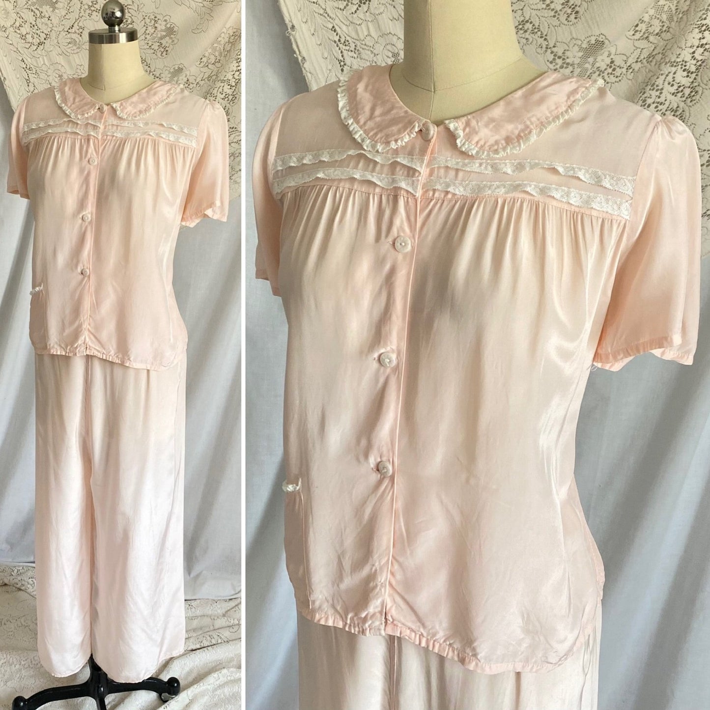 Vintage 1940's Pajama Set | Light Pastel Pink Rayon with Ivory Lace | Size M, LG | Miss Crinoline - Daggers & Dames