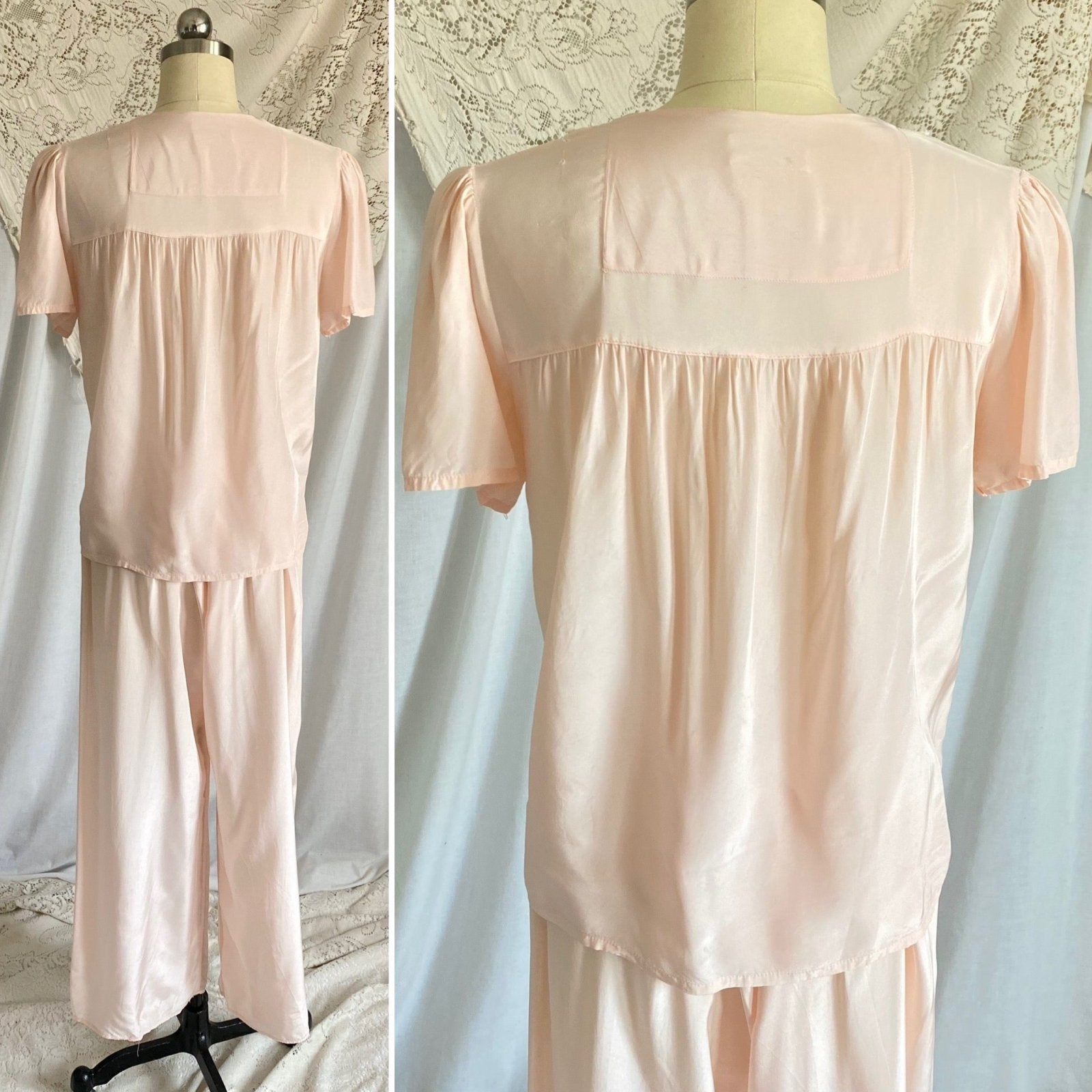 Vintage 1940's Pajama Set | Light Pastel Pink Rayon with Ivory Lace | Size M, LG | Miss Crinoline - Daggers & Dames