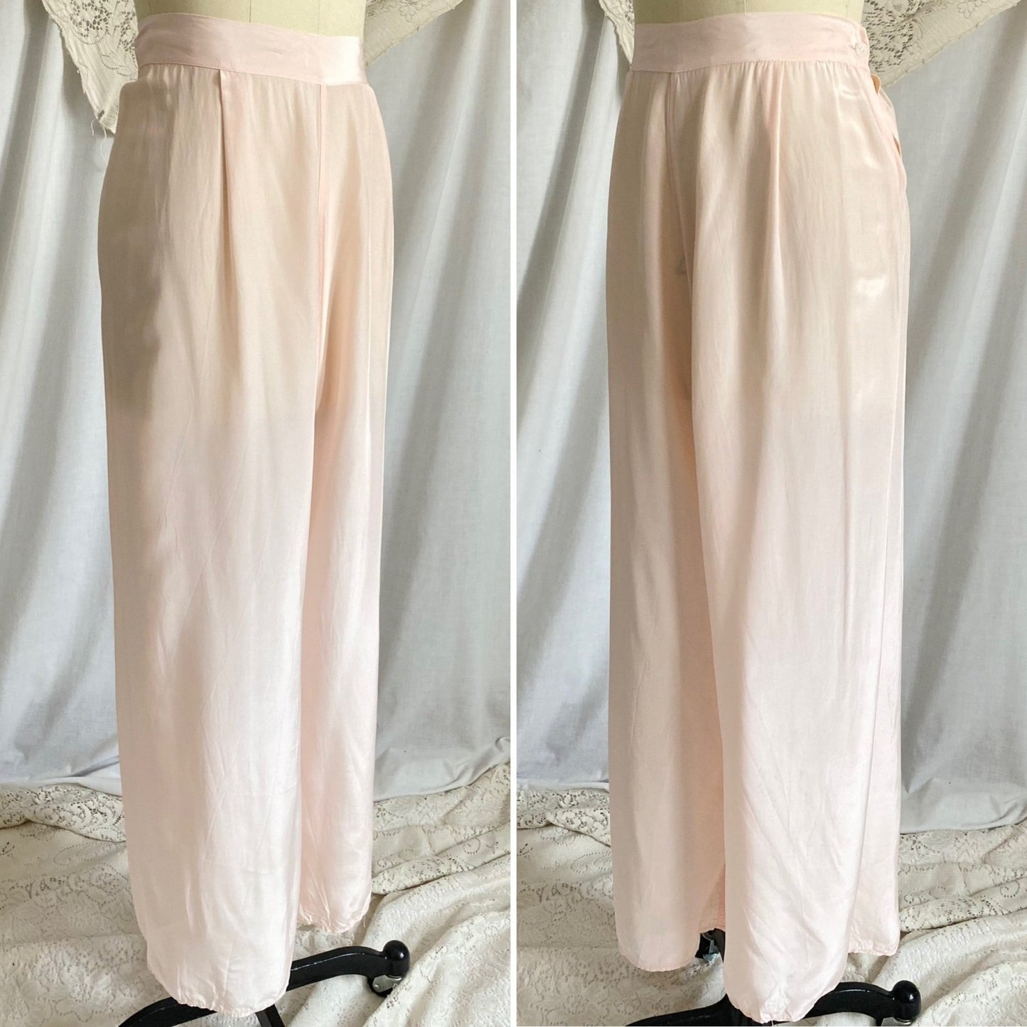 Vintage 1940's Pajama Set | Light Pastel Pink Rayon with Ivory Lace | Size M, LG | Miss Crinoline - Daggers & Dames