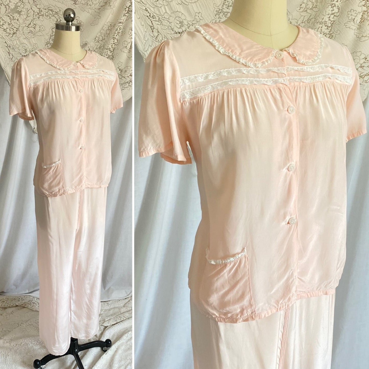 Vintage 1940's Pajama Set | Light Pastel Pink Rayon with Ivory Lace | Size M, LG | Miss Crinoline - Daggers & Dames