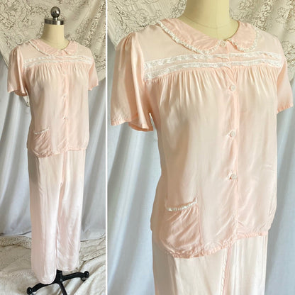 Vintage 1940's Pajama Set | Light Pastel Pink Rayon with Ivory Lace | Size M, LG | Miss Crinoline - Daggers & Dames
