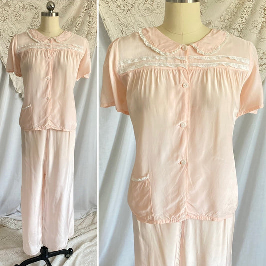 Vintage 1940's Pajama Set | Light Pastel Pink Rayon with Ivory Lace | Size M, LG | Miss Crinoline - Daggers & Dames