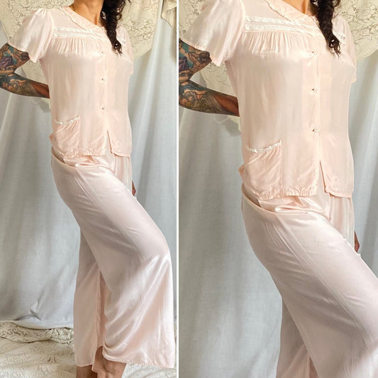 Vintage 1940's Pajama Set | Light Pastel Pink Rayon with Ivory Lace | Size M, LG | Miss Crinoline - Daggers & Dames