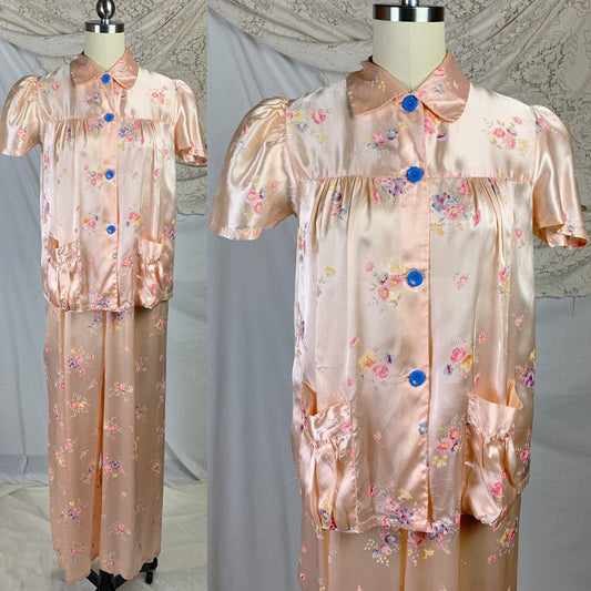 Vintage 1940's Pajama Set | Light Rose Gold Rayon Satin with Floral Print | Eastern Isles | Size XXS/XS - Daggers & Dames