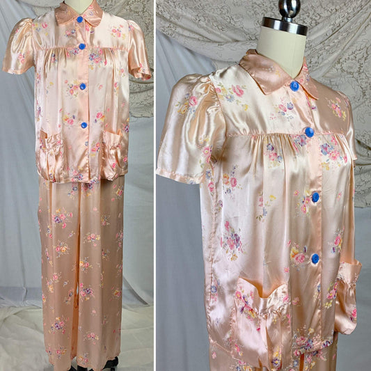 Vintage 1940's Pajama Set | Light Rose Gold Rayon Satin with Floral Print | Eastern Isles | Size XXS/XS - Daggers & Dames