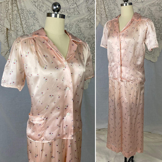 Vintage 1940's Pajama Set | Light Rosy Pink Rayon Satin with Daisy Floral Print | Size XS | W/B Weisman - Daggers & Dames