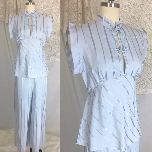 Vintage 1940's Pajama Set | Periwinkle Blue Rayon with Satin Stripes & Frog Button Closure | Size M, LG - Daggers & Dames