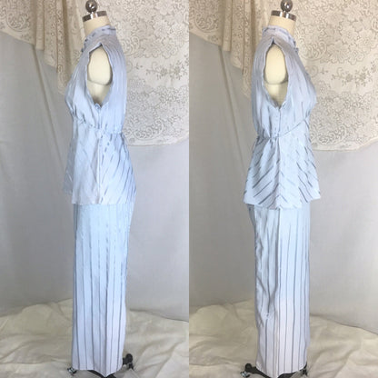 Vintage 1940's Pajama Set | Periwinkle Blue Rayon with Satin Stripes & Frog Button Closure | Size M, LG - Daggers & Dames