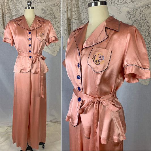 Vintage 1940's Pajama Set | Rich Coral Pink Rayon Silk Blend with Royal Blue Piping | Size M | Barbizon - Daggers & Dames