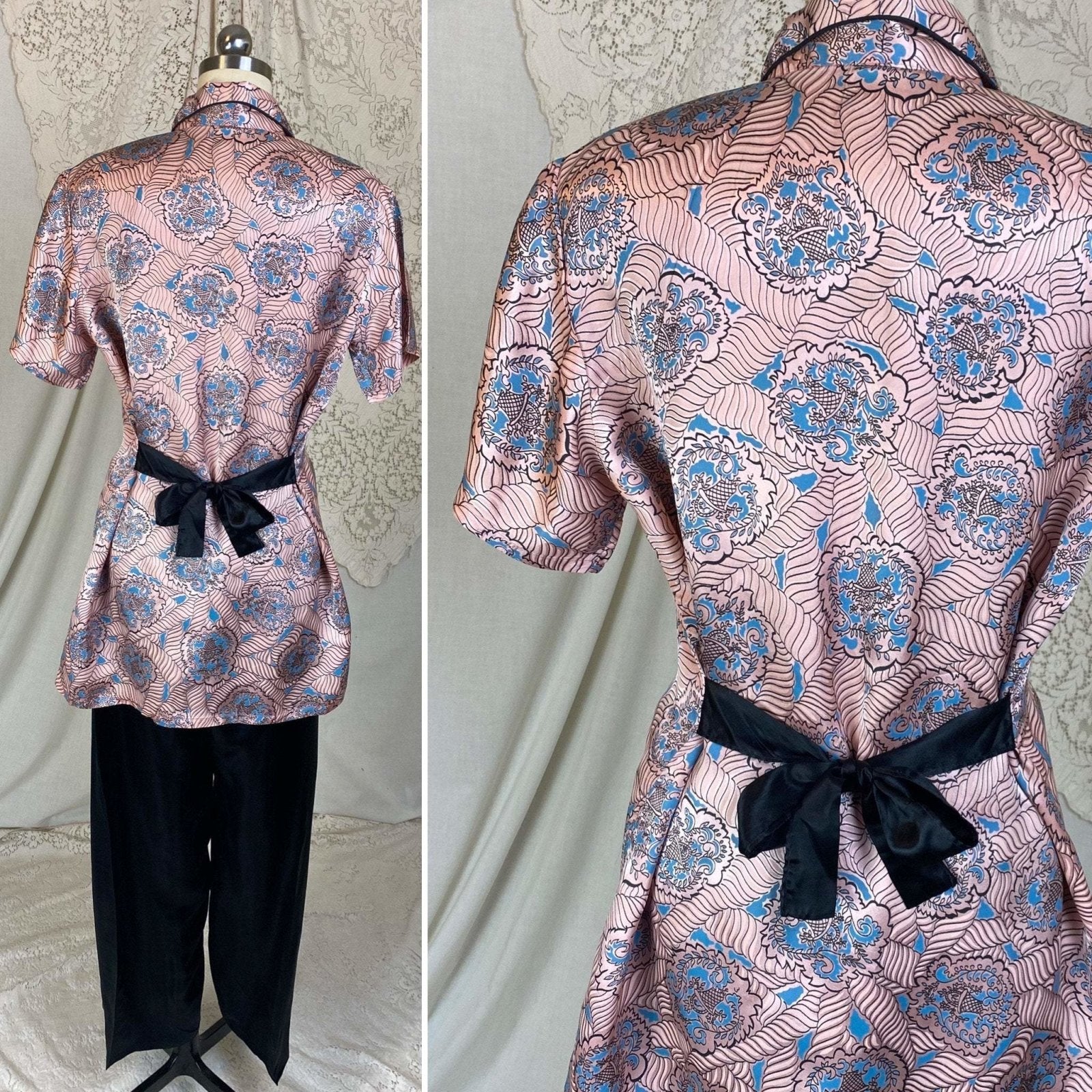Vintage 1940's Pajama Set | Rose Gold Pink with Black & Blue Paisley Print Rayon Satin | Size S, M, LG | Tele-Queen - Daggers & Dames
