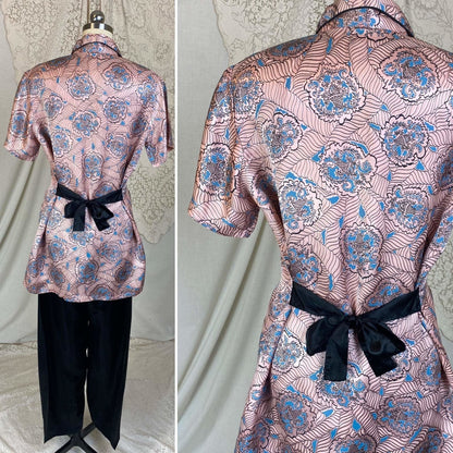 Vintage 1940's Pajama Set | Rose Gold Pink with Black & Blue Paisley Print Rayon Satin | Size S, M, LG | Tele-Queen - Daggers & Dames