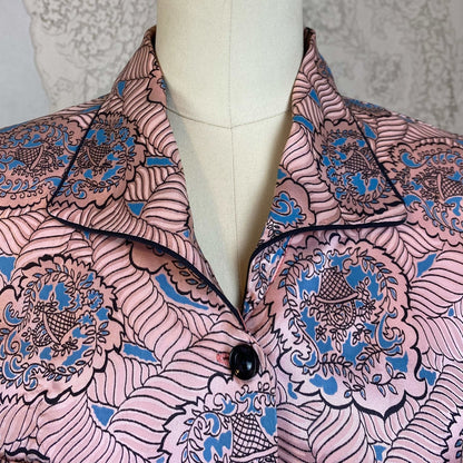 Vintage 1940's Pajama Set | Rose Gold Pink with Black & Blue Paisley Print Rayon Satin | Size S, M, LG | Tele-Queen - Daggers & Dames