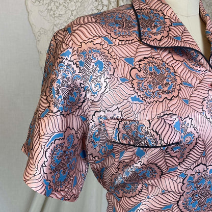 Vintage 1940's Pajama Set | Rose Gold Pink with Black & Blue Paisley Print Rayon Satin | Size S, M, LG | Tele-Queen - Daggers & Dames