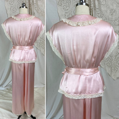 Vintage 1940's Pajama Set | Rose Pink Rayon Charmeuse with Ivory Lace | Size M, LG | Daphne - Daggers & Dames