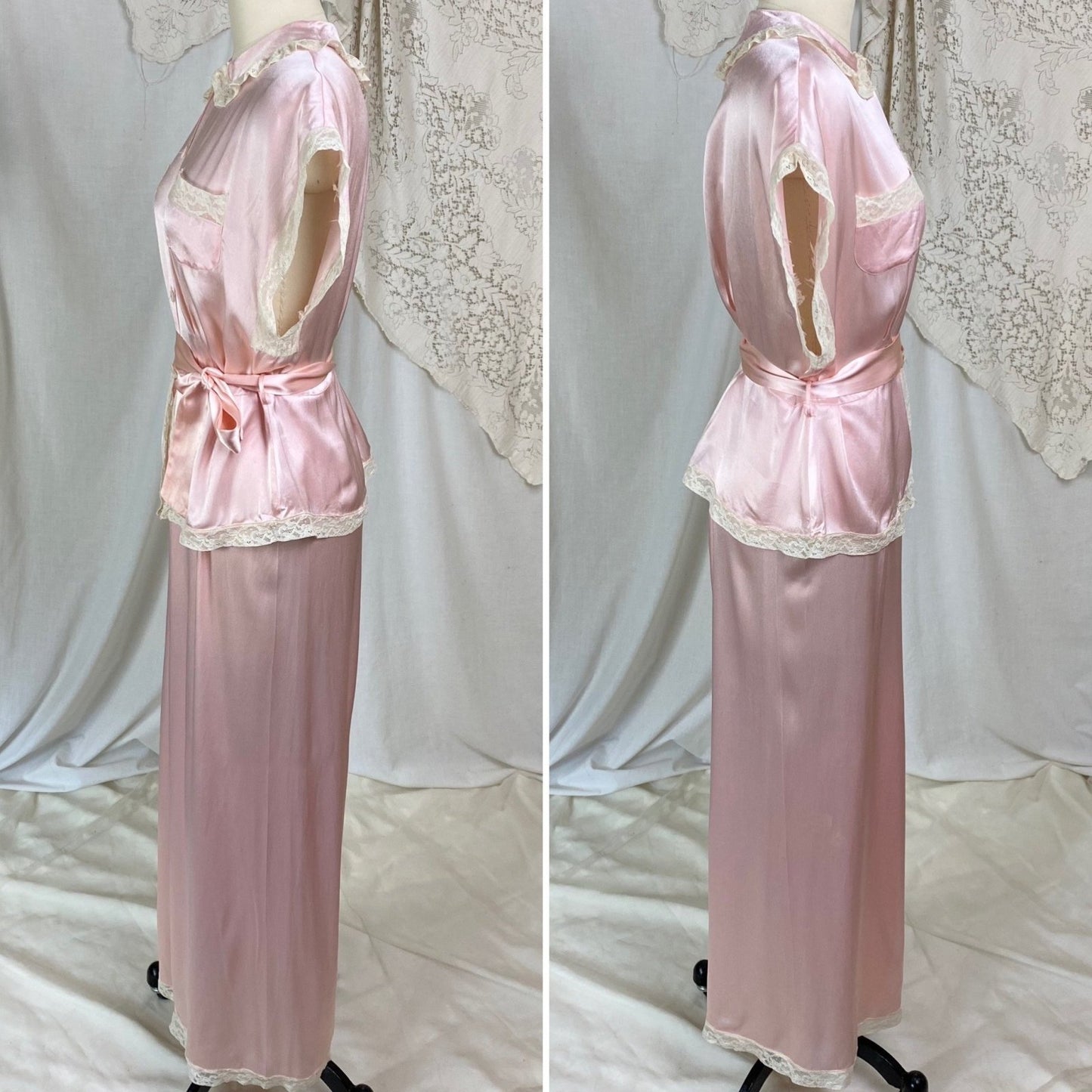 Vintage 1940's Pajama Set | Rose Pink Rayon Charmeuse with Ivory Lace | Size M, LG | Daphne - Daggers & Dames