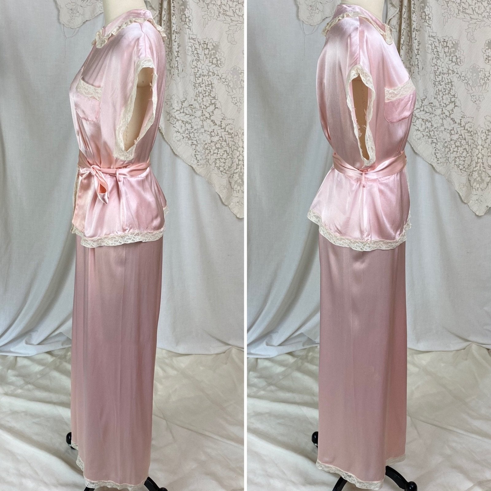 Vintage 1940's Pajama Set | Rose Pink Rayon Charmeuse with Ivory Lace | Size M, LG | Daphne - Daggers & Dames