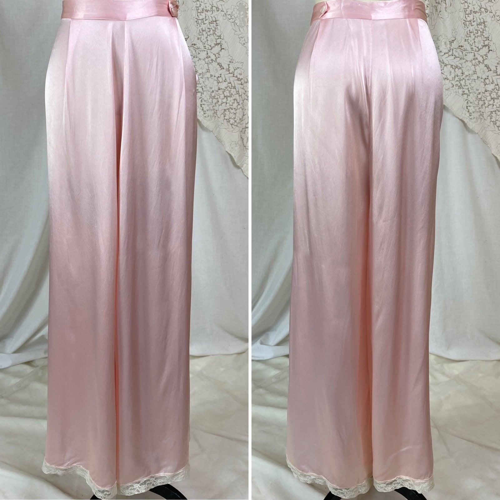 Vintage 1940's Pajama Set | Rose Pink Rayon Charmeuse with Ivory Lace | Size M, LG | Daphne - Daggers & Dames