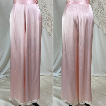 Vintage 1940's Pajama Set | Rose Pink Rayon Charmeuse with Ivory Lace | Size M, LG | Daphne - Daggers & Dames
