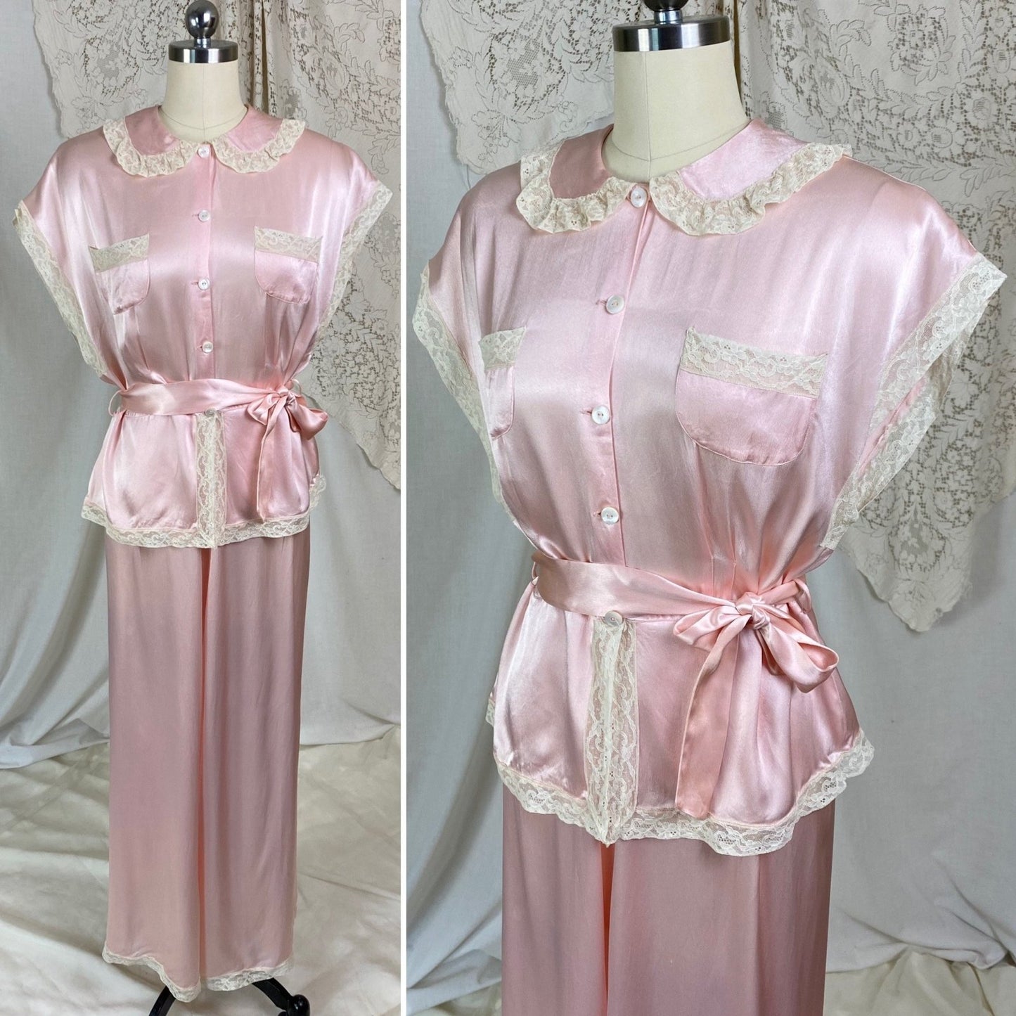 Vintage 1940's Pajama Set | Rose Pink Rayon Charmeuse with Ivory Lace | Size M, LG | Daphne - Daggers & Dames