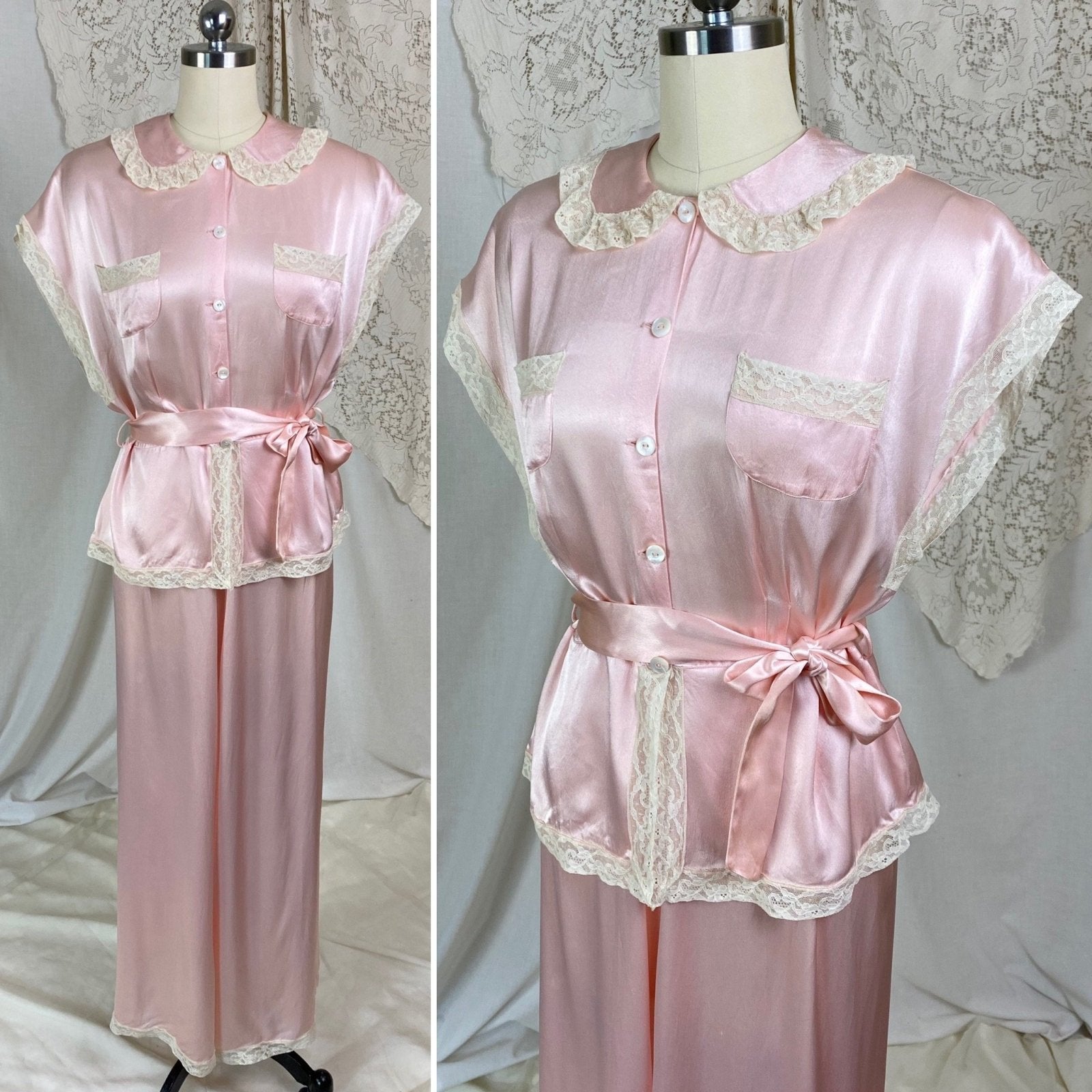 Vintage 1940's Pajama Set | Rose Pink Rayon Charmeuse with Ivory Lace | Size M, LG | Daphne - Daggers & Dames